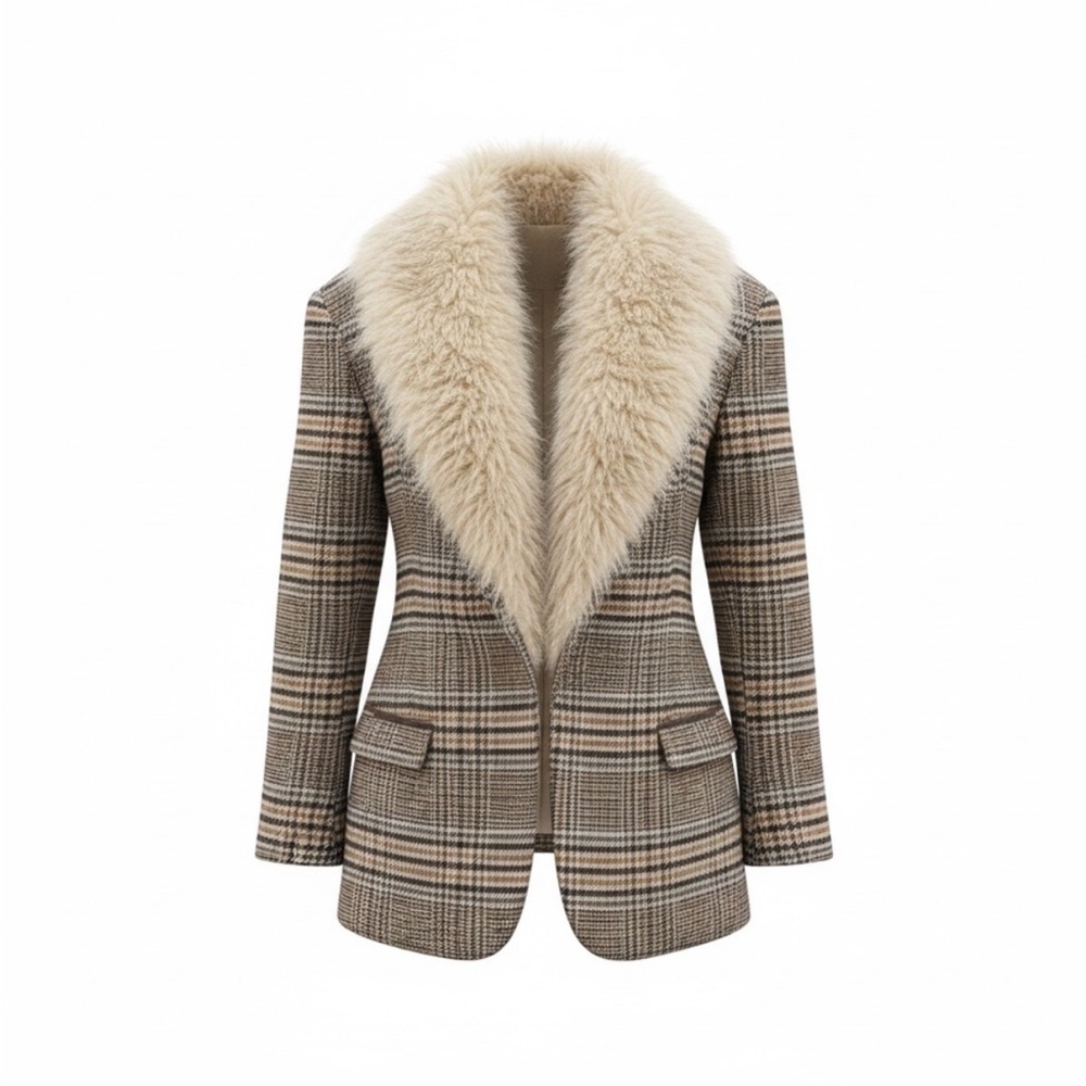 Plaid Blazer with Cream Faux Fur Shawl Collar - Brown Plaid